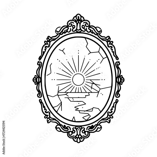 Vintage mirror with sun and water reflection vector art illustration design for print and tattoo design