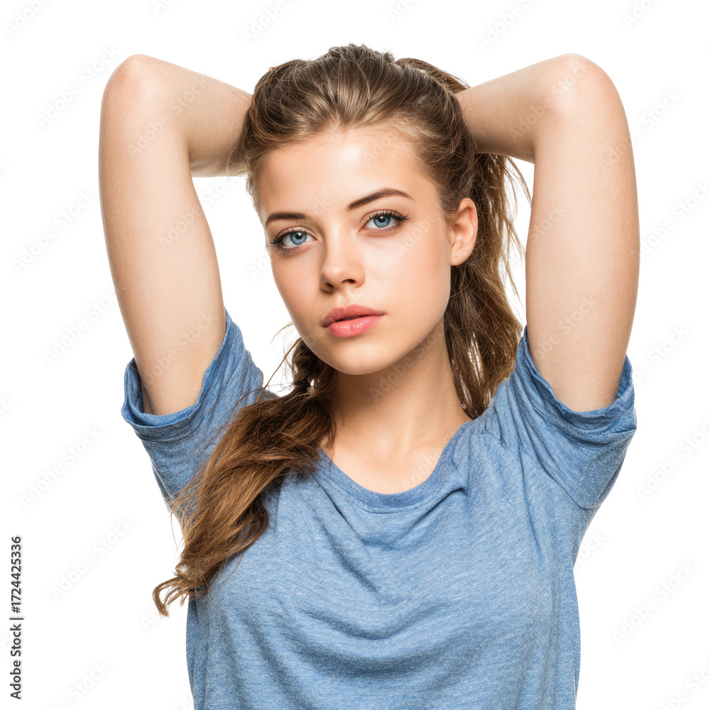 Fototapeta premium Portrait of a young woman with blue eyes, brown hair, wearing a blue t-shirt, arms raised. background removed