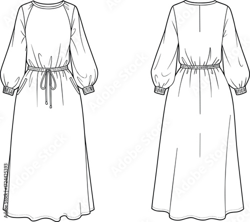  a women's dress with a flared A-line silhouette, an elastic waist, and blouson sleeves, a casual design.