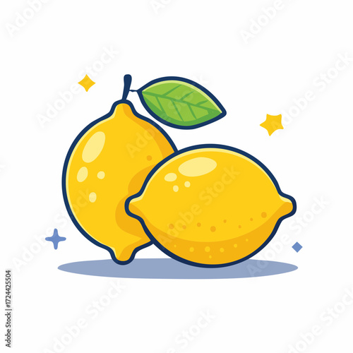 Two Yellow Lemons with Green Leaf and Sparkling Background