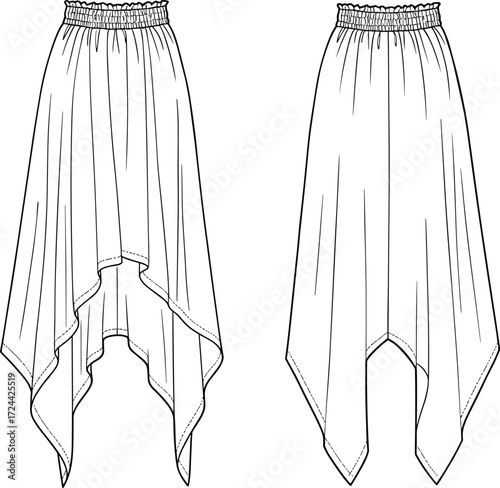 a women's handkerchief hem skirt with an elastic waistband and flowing, asymmetrical design, a versatile garment.