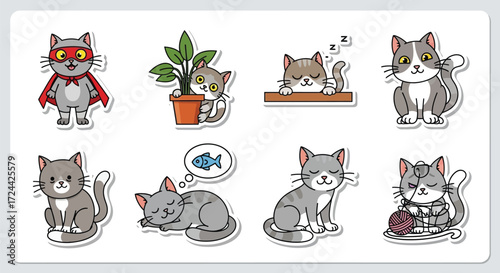 Collection of cartoon cat stickers featuring various poses and activities on a white background
