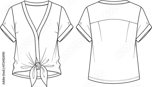  a women's white short-sleeve crop top with a front tie-waist detail and cuffed sleeves, a stylish design.