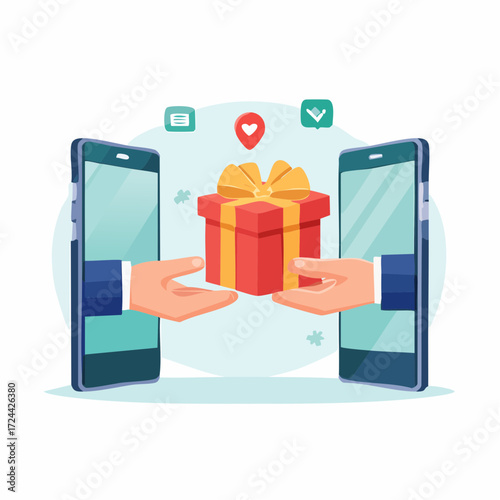 Online Gift Exchange: Red Gift Box Transfer Between Smartphones