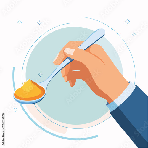 Hand Holding Spoon with Yellow Paste Against Light Blue Background
