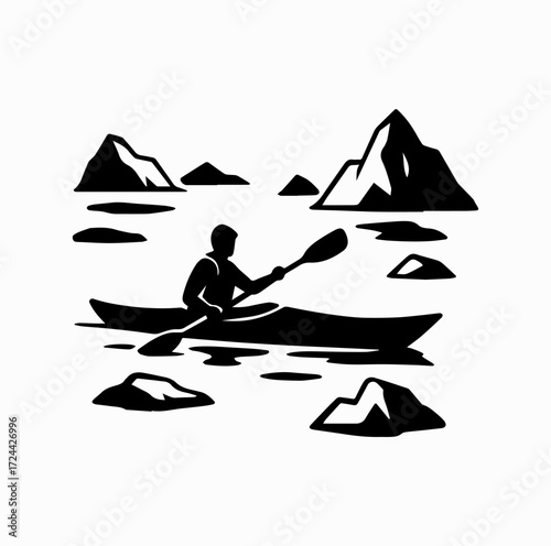 Kayaker with Icebergs Silhouette – Arctic Adventure in Greenland