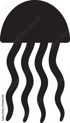 Simple black jellyfish silhouette icon with flowing tentacles isolated on white background