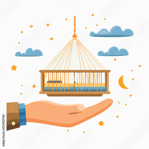 Gentle Hand Holding Suspended Baby Crib Under Night Sky