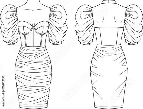 a women's puff sleeve mini dress with a corset bodice and ruched skirt, a stylish party garment.