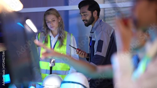 A diverse team of engineers in safety vests works together in a modern factory. The man explains the machine's controls on a screen to his female colleague.
