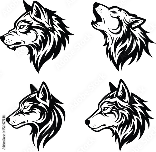 Set of four stylized howling wolf head illustrations in a black and white hand-drawn style, perfect for logo designs and apparel.