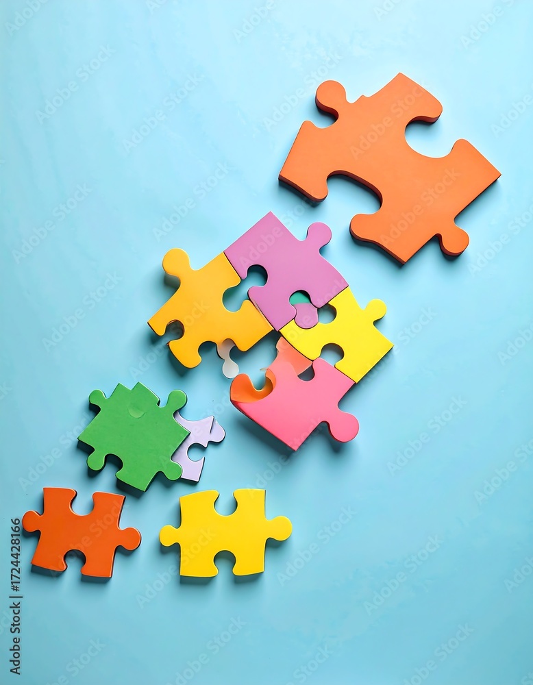 Fototapeta premium Colorful puzzle pieces scattered on a light blue background