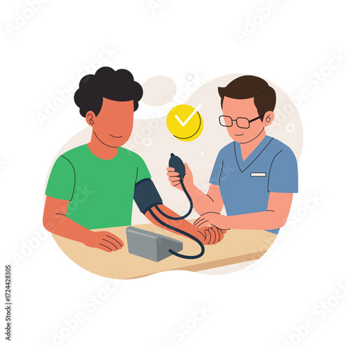 Man checking his blood pressure with doctor flat vector illustration. Doctor Measuring Patient’s Blood Pressure Illustration