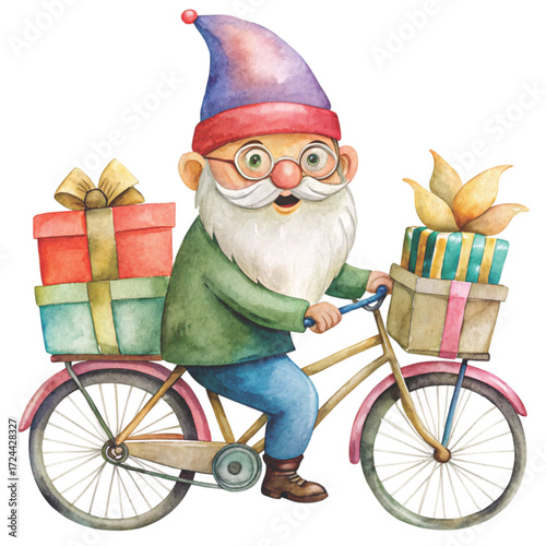 Cute gnome with black sunglasses, riding a vintage bicycle clipart watercolor white background