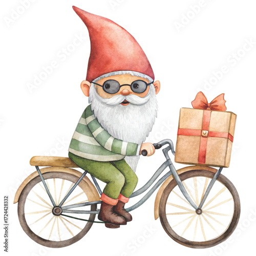 Cute gnome with black sunglasses, riding a vintage bicycle clipart watercolor white background