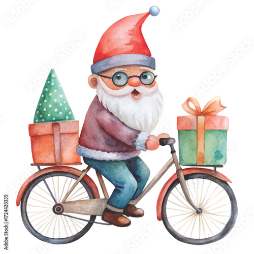 Cute gnome with black sunglasses, riding a vintage bicycle clipart watercolor white background