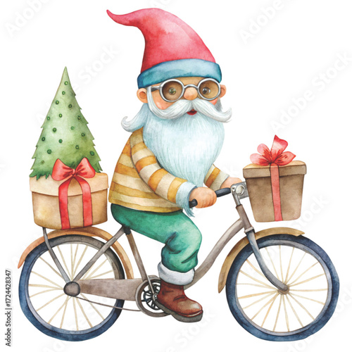Cute gnome with black sunglasses, riding a vintage bicycle clipart watercolor white background