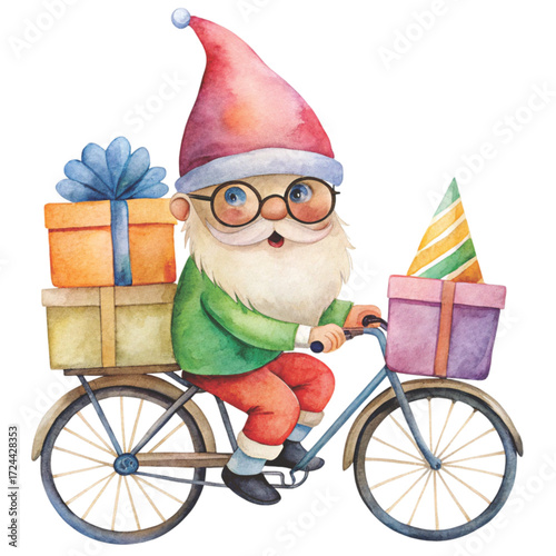 Cute gnome with black sunglasses, riding a vintage bicycle clipart watercolor white background