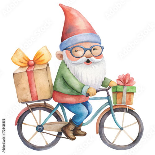 Cute gnome with black sunglasses, riding a vintage bicycle clipart watercolor white background