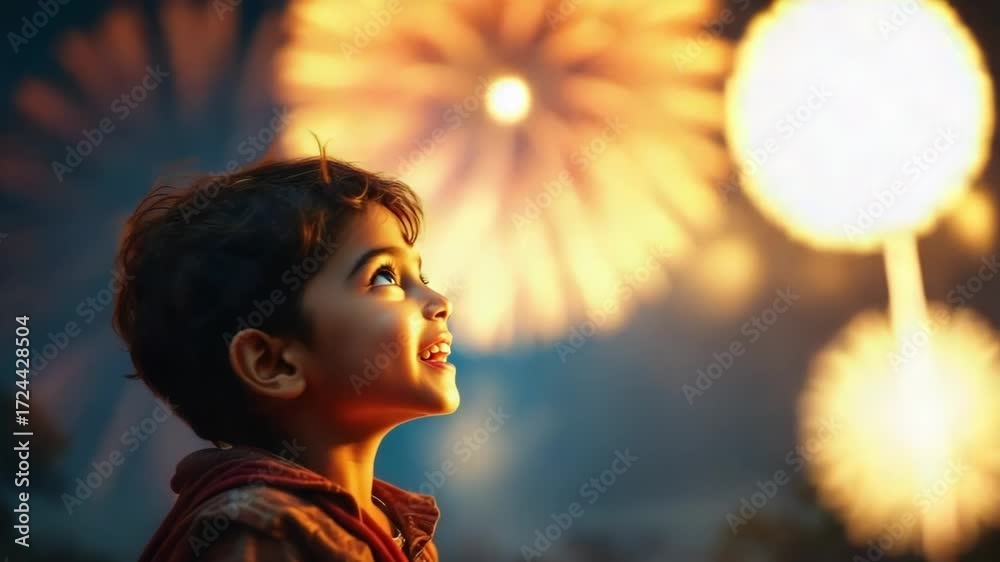 Delighted young child captivated by the vibrant spectacle of dazzling fireworks and glowing lights during a festive diwali night celebration