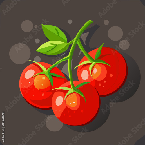 A vibrant cluster of ripe red cherry tomatoes still on the vine, resting on a dark textured stone background. Natural sunlight, dewdrops, garden-fresh concept, sweet and juicy.