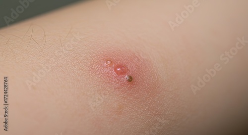 Close-up reveals skin blister with inflammation, ideal for medical reference use