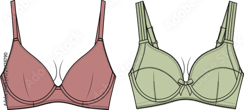 two women's padded and underwire bras in different colors, essential intimate apparel templates for fashion designers.