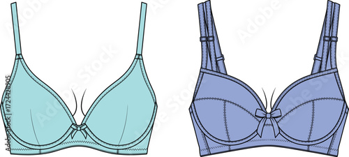 two women's padded and underwire bras in different colors, essential intimate apparel templates for fashion designers.