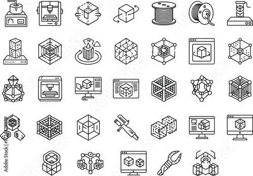 3D Printing Technology Line Icon Set: Vector Outline Symbols of Additive Manufacturing, Design Software, and Digital Fabrication Processes,