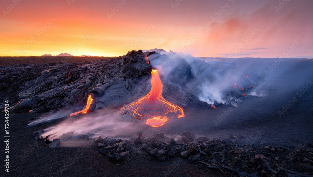 Fototapeta premium Fiery lava flow on volcanic landscape at sunset, ideal for nature documentaries, travel blogs, or geological displays