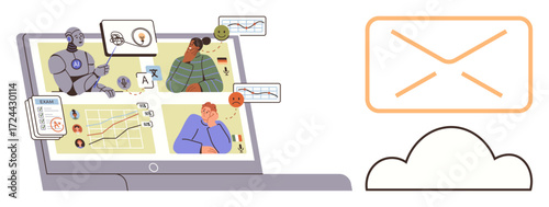 Laptop displaying virtual meeting with graphs, chat icons, and AI-assisted tools for remote teamwork. Email and cloud represent digital communication. Ideal for teamwork, cloud computing, AI