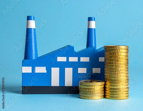 Blue factory model with stacks of gold coins