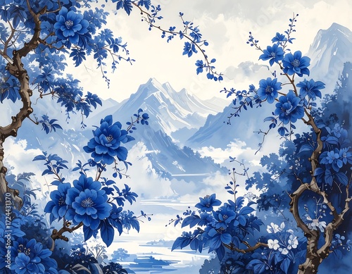 Blue flowers, mountains, serene landscape