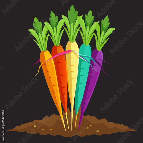 A bundle of fresh rainbow carrots with green tops attached, featuring purple, yellow, and orange hues. Arranged neatly on a dark soil background, natural light, organic garden concept