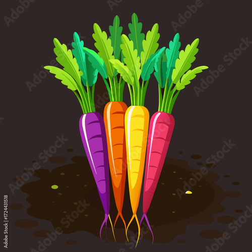 A bundle of fresh rainbow carrots with green tops attached, featuring purple, yellow, and orange hues. Arranged neatly on a dark soil background, natural light, organic garden concept
