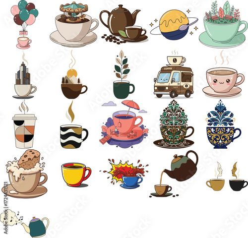 "Cute coffee and tea vector set with cartoon cups, teapots, mugs, coffee truck, and cafe elements in flat illustration style."