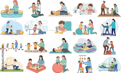 "Pediatric physiotherapy vector set with children doing rehab, occupational therapy, motor skills exercises, and fun obstacle course activities with therapists."