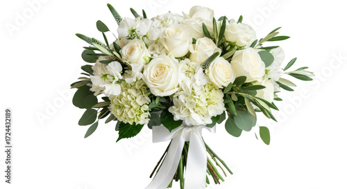 Elegant bridal bouquet with white roses and hydrangeas isolated PNG with Transparent Background