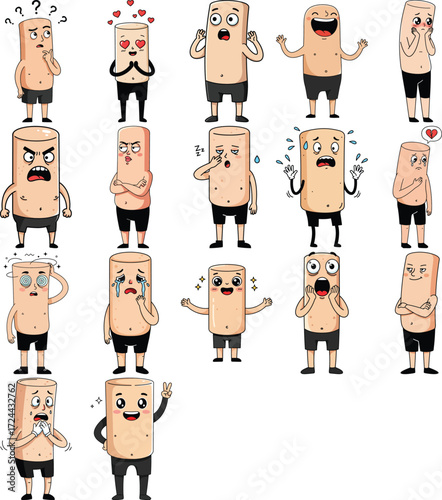 "Funny cartoon cylinder character vector set with cute facial expressions and gestures: angry, happy, sad, love, shocked, crying, sleepy, confused, and more emotions."