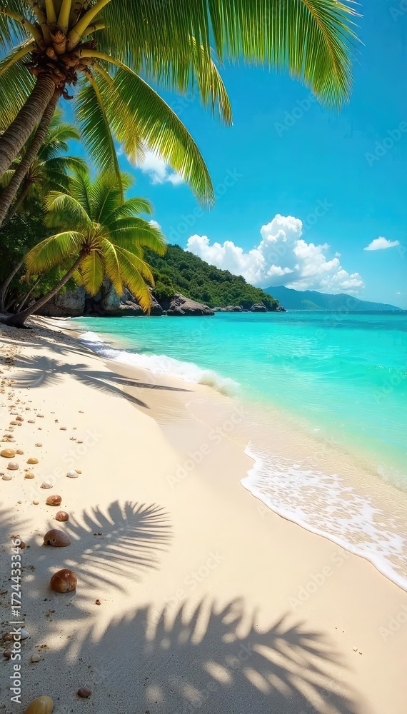 Obraz premium Sun-drenched sand, turquoise waves gently lapping the shore, seashells scattered along the tideline A perfect postcard scene of tropical paradise, evoking relaxation and escape , summer, sand