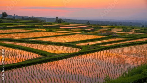 Serene golden rice terraces at dawn, ideal for travel posters, agricultural themes, or serene decor