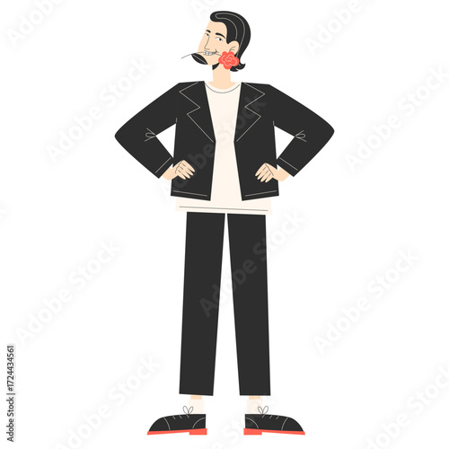 A cartoon man with a rose in his mouth wearing a suit and jacket