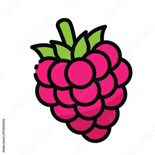 A cartoon illustration of a raspberry with green leaves