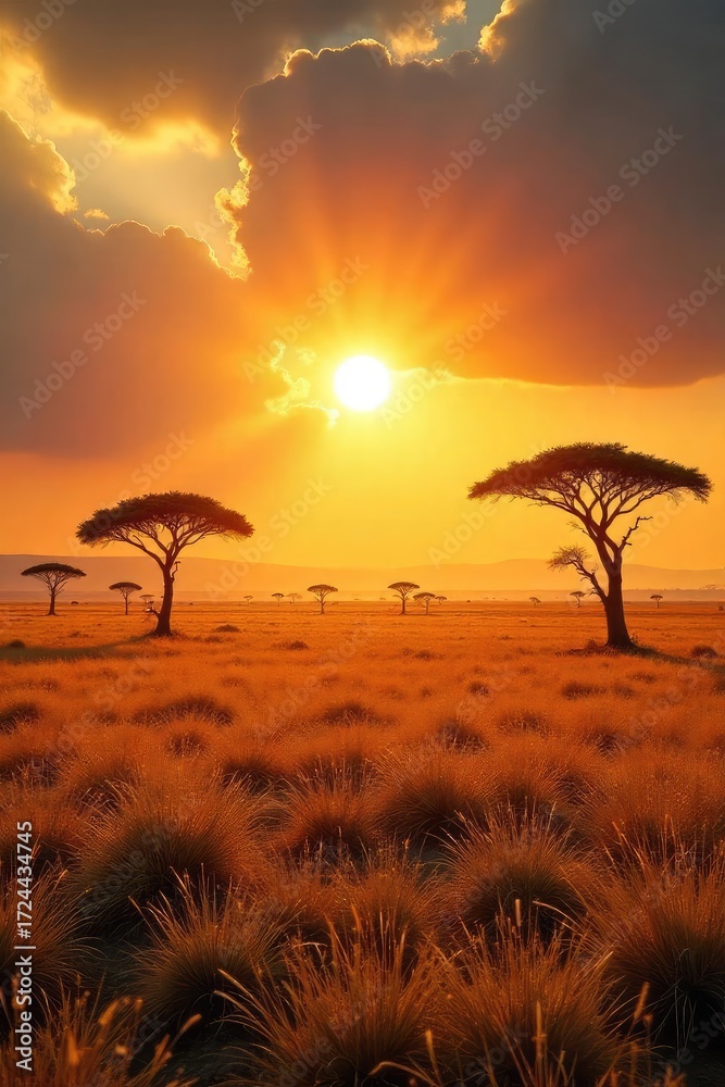 Obraz premium Vast, sun-drenched African savanna stretching to the horizon, dry grass, acacia trees, dramatic sky Perfect for travel, nature, and wildlife documentaries , nature, texture, untamed