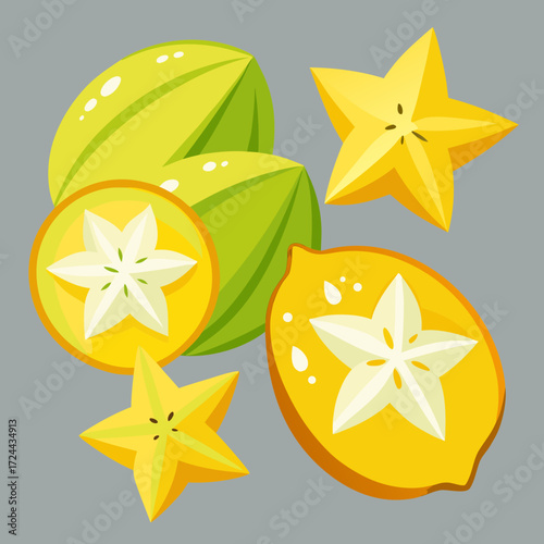 A whole starfruit and several star-shaped slices scattered on a light grey background. Vibrant yellow color, unique shape, tropical fruit, juicy and slightly tart, top-down view.