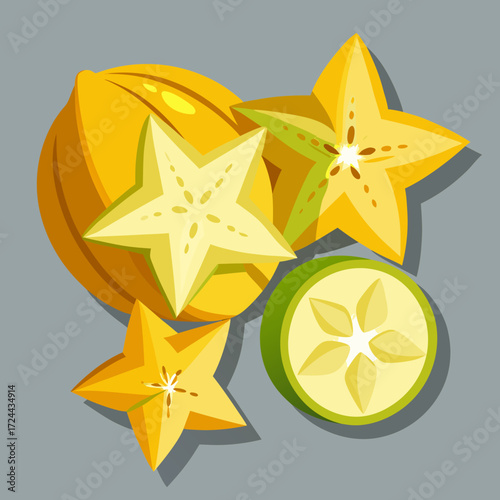 A whole starfruit and several star-shaped slices scattered on a light grey background. Vibrant yellow color, unique shape, tropical fruit, juicy and slightly tart, top-down view.