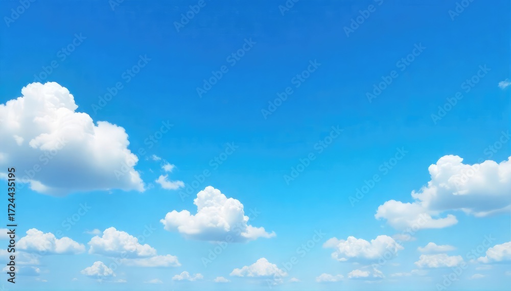 Obraz premium Vibrant blue sky on a perfect sunny day, fluffy white clouds drift lazily across the vast expanse Ideal for travel, weather, and nature projects Crisp, high-resolution image , background, bright