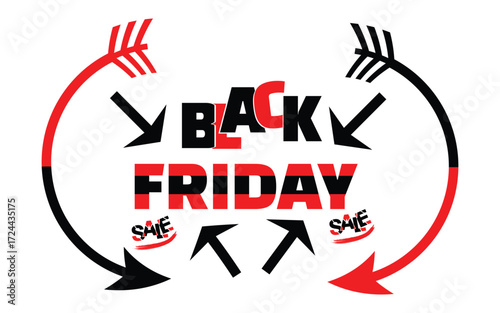 Black Friday sale poster with bold typography, discount arrows, and shopping promotion background
