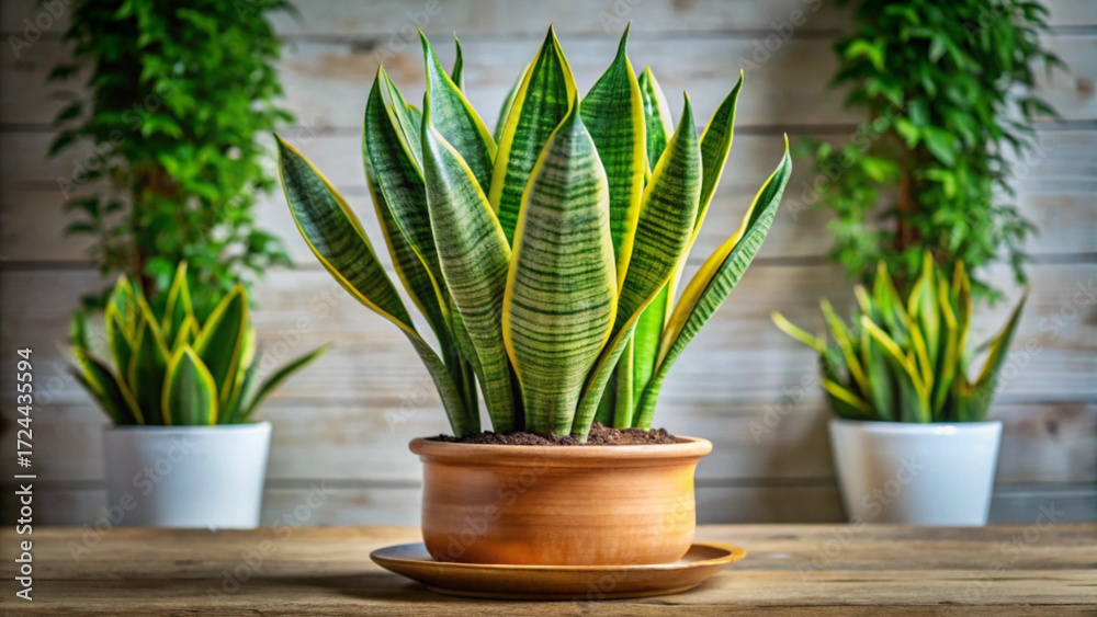 Fototapeta premium Three potted snake plants with yellow stripes on a wooden surface