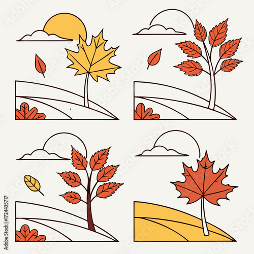 A charming set of four minimalist illustrations depicting stylized autumn landscapes with colorful leaves trees clouds and a setting sun in a warm color palette